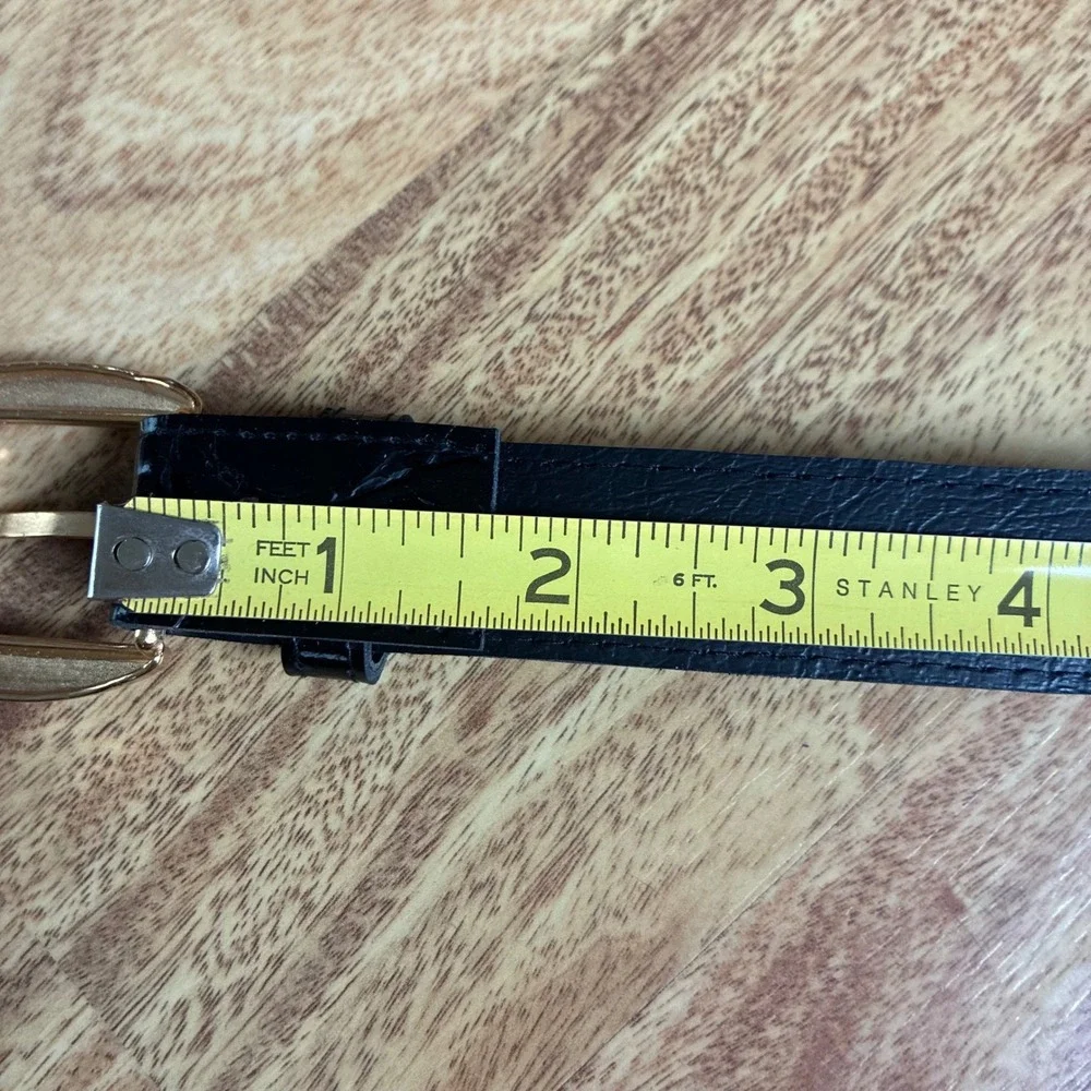 Vintage 90s Black Moc Croc Leather Belt Size 12 Skinny Tapered Gold Buckle Y2K